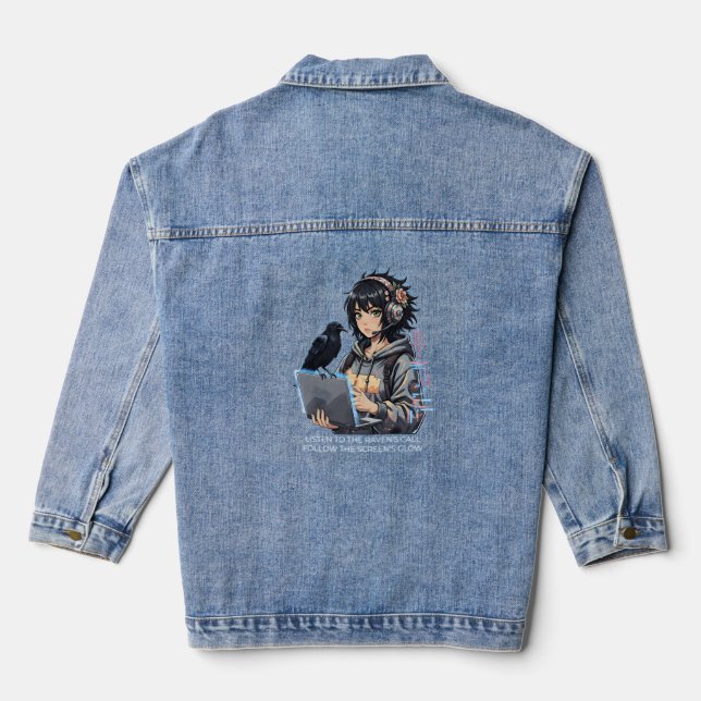 Techno-Mädchen mit Rabe und Laptop Jeansjacke (Rückseite)