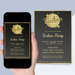 Techno-Musik-Themen-Gold-Diskokugel-Party Einladung