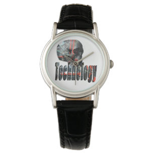 Technology Skull & Logo Ladys Black Leather Watch Armbanduhr