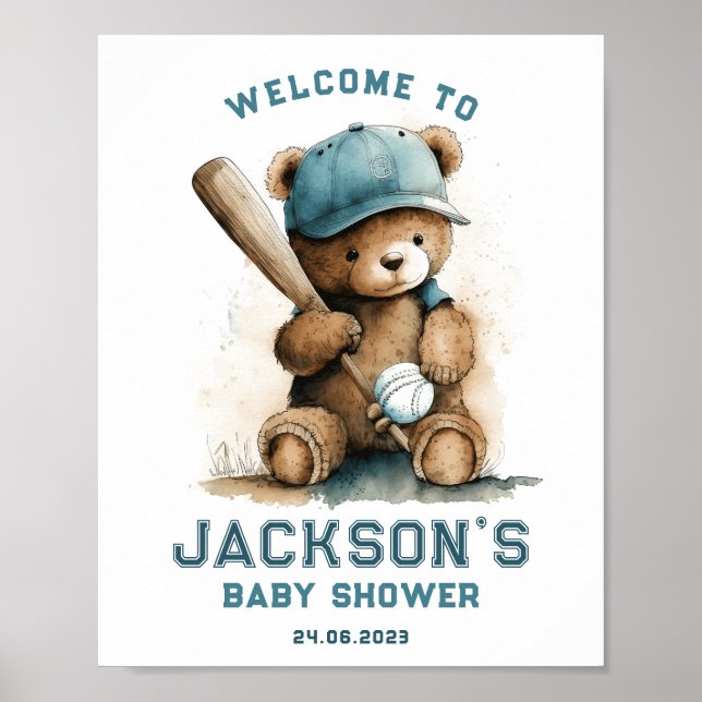 Tedd Bear Baseball Player Boy Begrüßungs Baby Dusc Poster (Vorne)