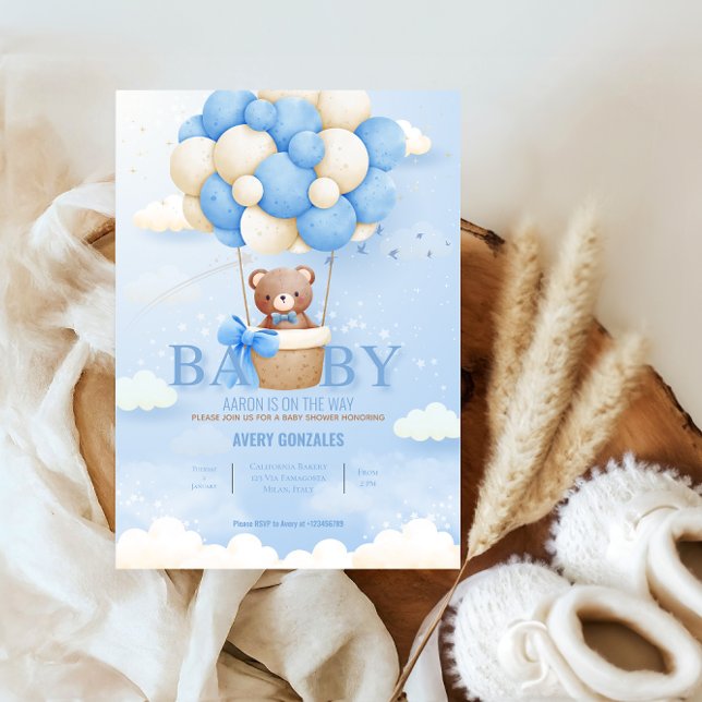 Teddby Bear Balloon Blue Sky Baby Boy Dusche Einladung (Von Creator hochgeladen)