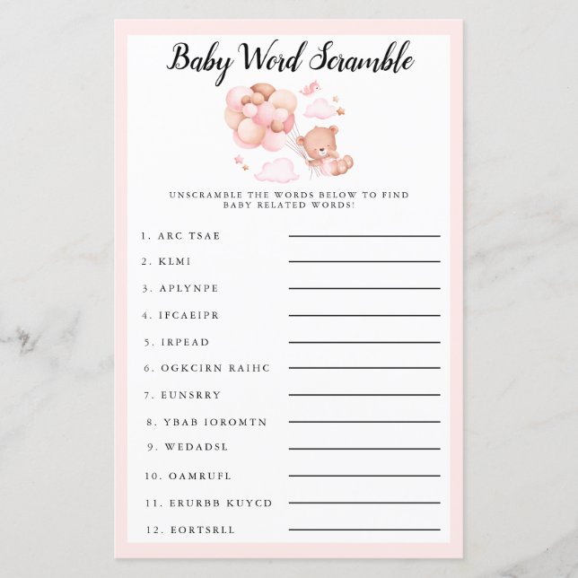 Teddy Baby Dusche Pink Baby Word Scramble Spiel (Vorderseite)