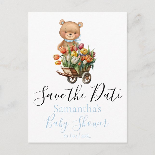 Teddy Baby Dusche Rustikale Flora Save the Date Postkarte (Vorderseite)