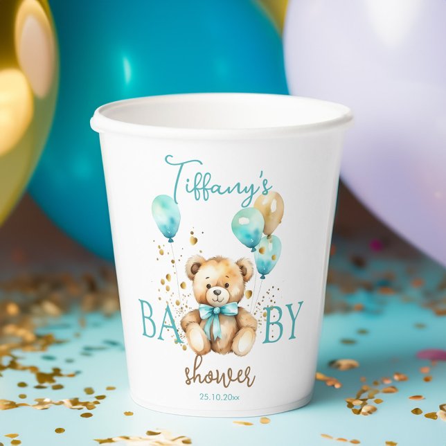 Teddy Baby Duschgeschirr niedliches Aqua-Braun Pappbecher (Teddy baby shower tableware cute aqua brown paper cups personalized teddy bear baby shower cups)