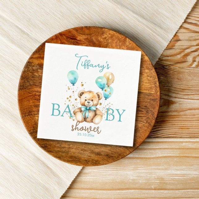 Teddy Baby Duschgeschirr niedliches Aqua-Braun Serviette (Teddy bear baby shower personalized napkins cute fluffy teddy with balloons napkins aqua blue gold)