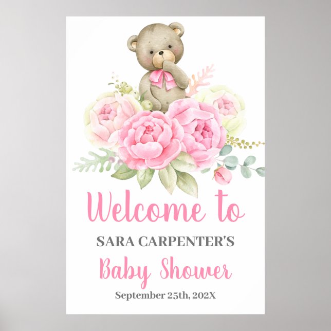 Teddy Baby Shower Girl Pink Bär Begrüßungszeichen Poster (Vorne)