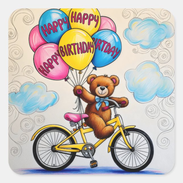 Teddy Bär auf dem Fahrrad mit Ballons Quadratischer Aufkleber (Vorderseite)