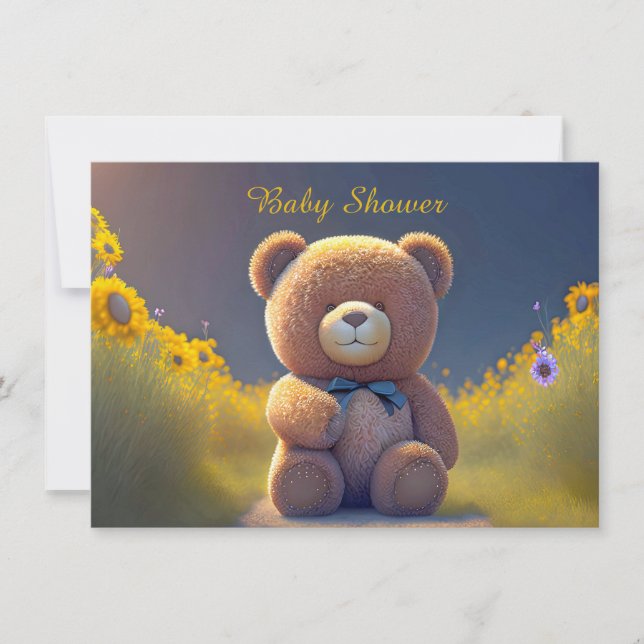 Teddy Bär auf der Wiese, niedliche Babydusche Einladung (Vorderseite)