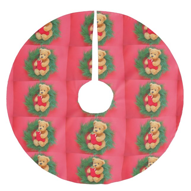 Teddy Bär auf Kranz mit Strumpf Polyester Weihnachtsbaumdecke (Vorderseite)