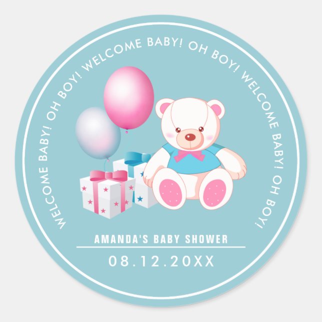 Teddy-Bär | Baby Boy Baby Shower Pflegeaufkleber Runder Aufkleber (Vorderseite)