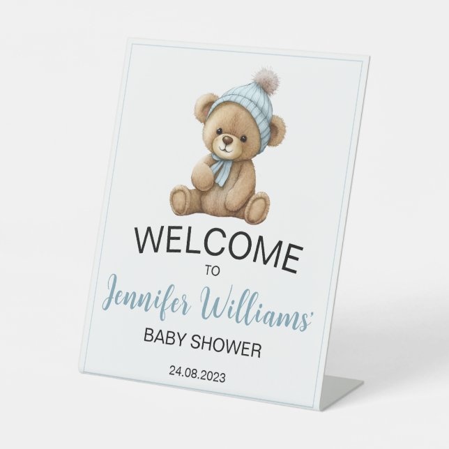 Teddy Bär Baby Boy Dusche Willkommen Pedestal Zeic Sockelschild (Vorderseite)