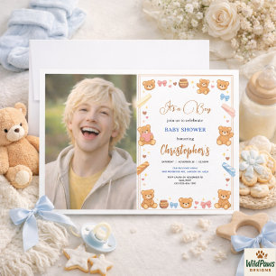 Teddy Bär Baby Shower Junge Süßer blauer Bär Einladung