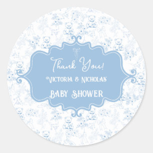 Teddy-Bär-Baby-Shower-Toile-Blau-Dankeschön Runder Aufkleber