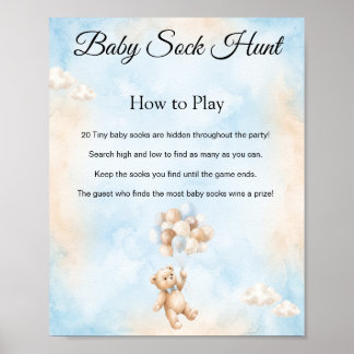 Teddy-Bär-Baby-Socken-Jagd-Duschspiel-Schild Poster