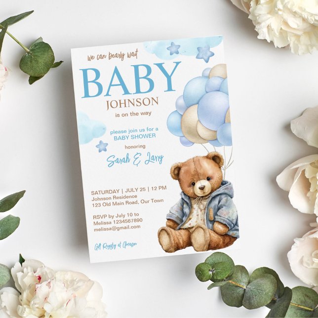 Teddy Bär Babydusche warten niedlichen Teddy Einladung (Teddy bear in a jacket with balloons baby shower invitation template instant download)
