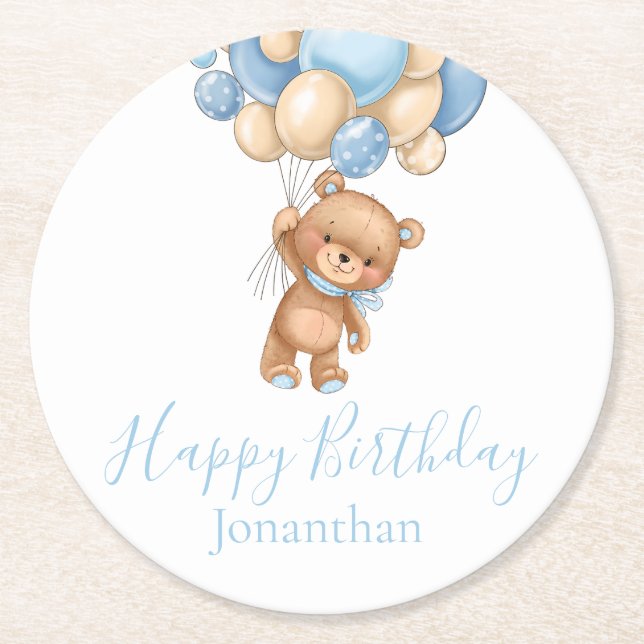 Teddy Bar Balloons Happy Birthday Blue Boy Runder Pappuntersetzer (Vorderseite)
