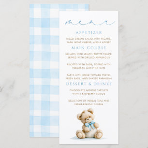 Teddy-Bär Blau Gingham-Muster-Menükarten Menükarte