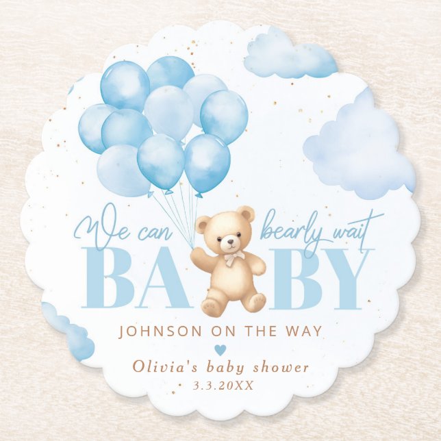 Teddy Bär blau können wir warten Baby Dusche Untersetzer (Vorderseite)