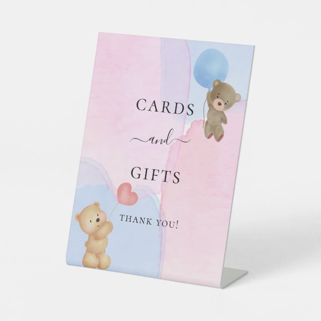 Teddy Bär blau rosa Geschlecht offen Karten Gesche Sockelschild (Vorderseite)