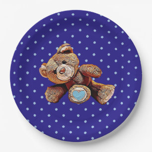 Teddy-Bär Blau und Beige Gepunkteter Party-Teller Pappteller