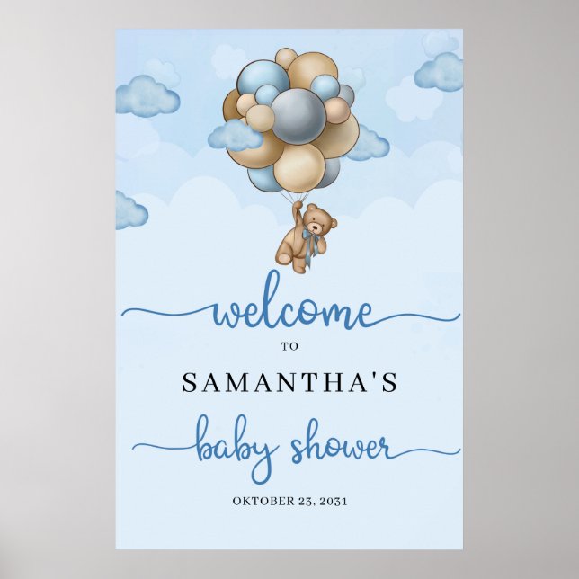 Teddy Bär blaubraune Ballons Baby Willkommenszeich Poster (Vorne)