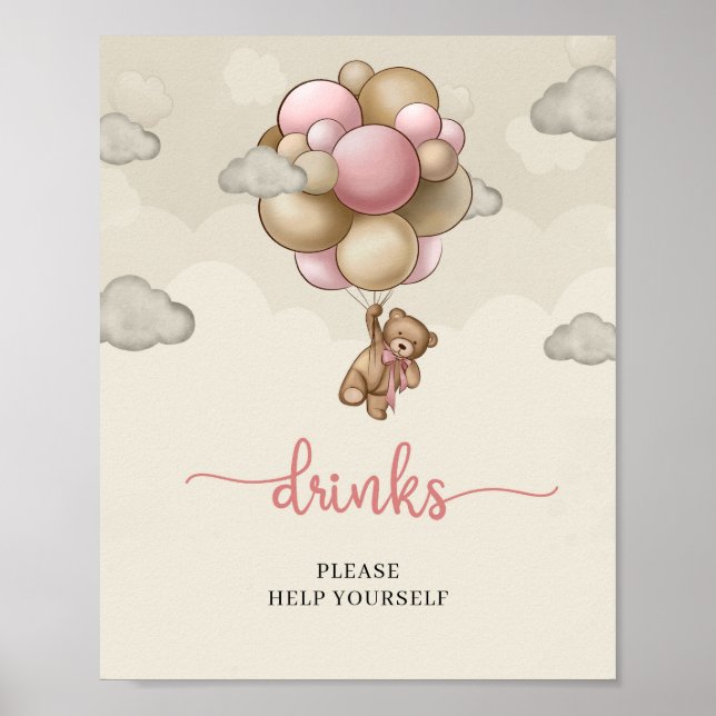 Teddy Bär blaubraune Ballons Drink Tafelschild Poster (Vorne)