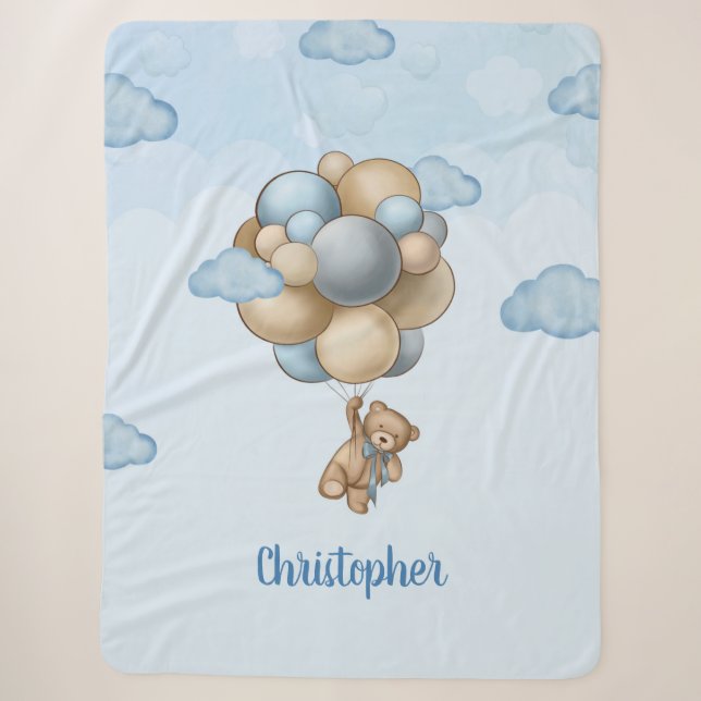 Teddy Bär blaubraune beige Ballons personalisiert Sherpadecke (Vorderseite)