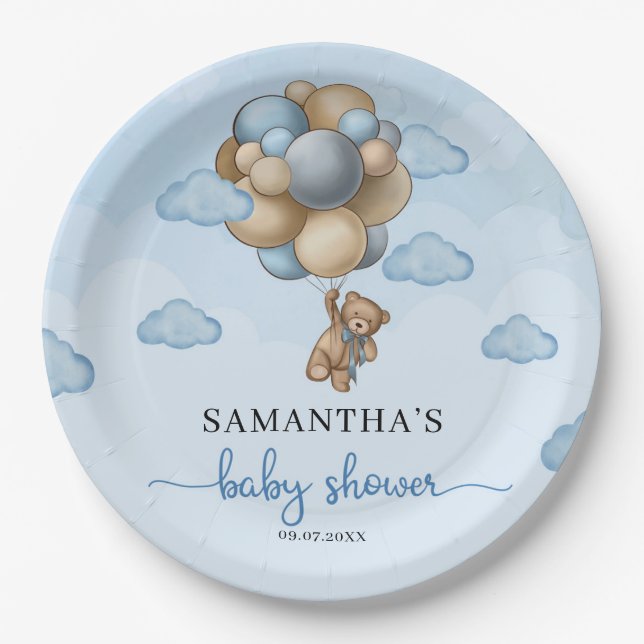 Teddy Bär blaubraune Elfenbeinballons Babydusche Pappteller (Vorderseite)