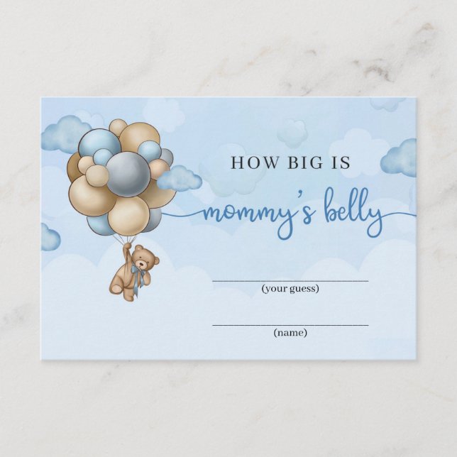 Teddy Bär blaue Ballons Wie groß ist Mama's Bauch Begleitkarte (Vorderseite)