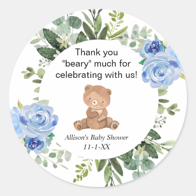 Teddy Bär blaue Blumengrün Babydusche Runder Aufkleber (Vorderseite)