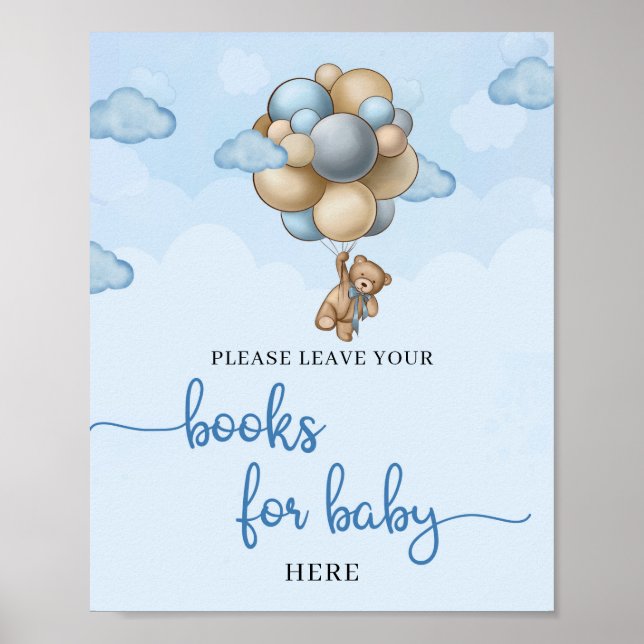 Teddy Bär blaue Elfenbeinballons Bücher für Baby Poster (Vorne)
