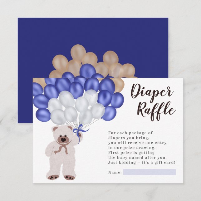 Teddy Bär blauen Ballon Windeln Tombola Dusche Begleitkarte (Vorne/Hinten)