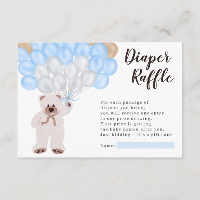 Teddy Bär blauer Ballon Windeln Tombola Dusche Begleitkarte (Vorderseite)