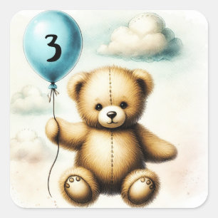 Teddy-Bär-Blue-Ballon 1. Geburtstagsfeier Quadratischer Aufkleber