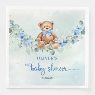 Teddy Bär Blue Blume Eukalyptus Junge Babydusche Serviette