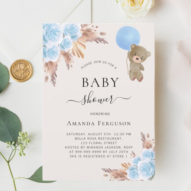Teddy Bär Blue Pampas Blumenjungen Baby Dusche Einladung (Von Creator hochgeladen)