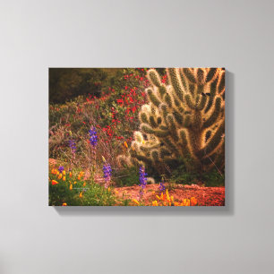 Teddy-Bär-Cholla-Kaktus Wildblumen Wüstenlandschaf Leinwanddruck
