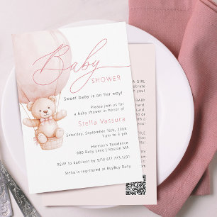 Teddy Bär Details QR Code Mädchen Baby Shower Einladung