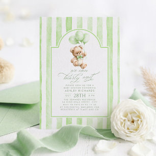 Teddy Bär Elegant Hellgrün Streifen Baby Shower Einladung