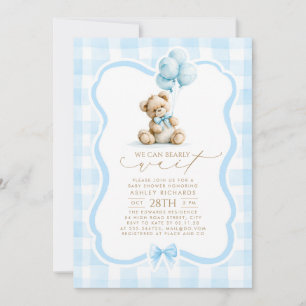 Teddy Bär Elegant Pastell Blau Gingham Baby Shower Einladung
