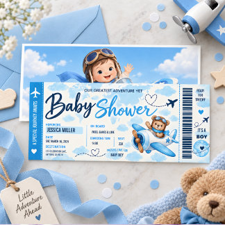 Teddy-Bär-Flugzeug-Bordkarte-Junge-Baby-Party Einladung