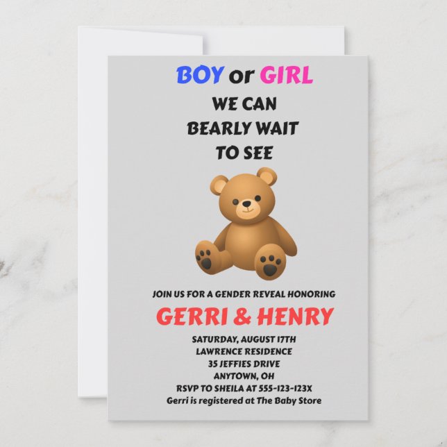 Teddy-Bär-Geschlechtsenthüllungseinladung (Vorderseite)