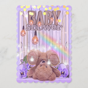 Teddy Bär goldgelber Glitzer Lichter lila Babydusc Einladung