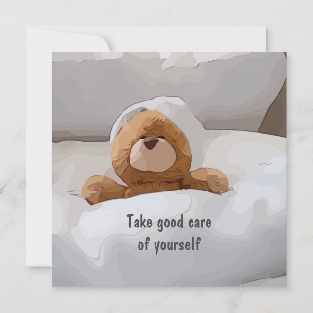 Teddy Bär im Bett kümmert sich um deinen Gruß Karte (Vorderseite)
