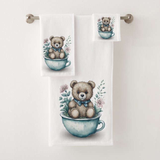 Teddy Bär im Teacup mit Blume Badhandtuch Set (Insitu)