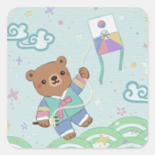 Teddy Bär in Hanbok: Drachen fliegen Quadratischer Aufkleber