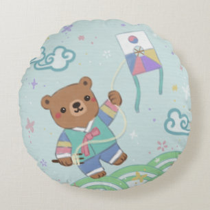 Teddy Bär in Hanbok: Drachen fliegen Rundes Kissen