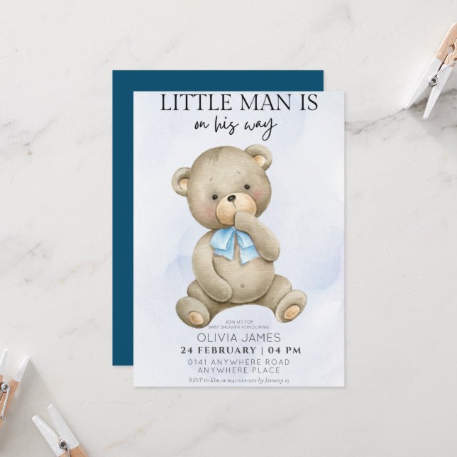 Teddy Bär kleiner Mann auf dem Weg Babydusche Einladung (Vorderseite/Rückseite Beispiel)