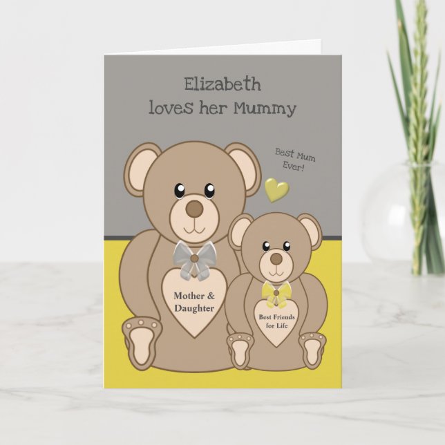 Teddy Bär Liebe du Mummy grau und gelb Karte (Vorderseite)