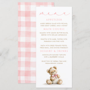Teddy-Bär-Menus Karten im rosa Gingham-Muster
